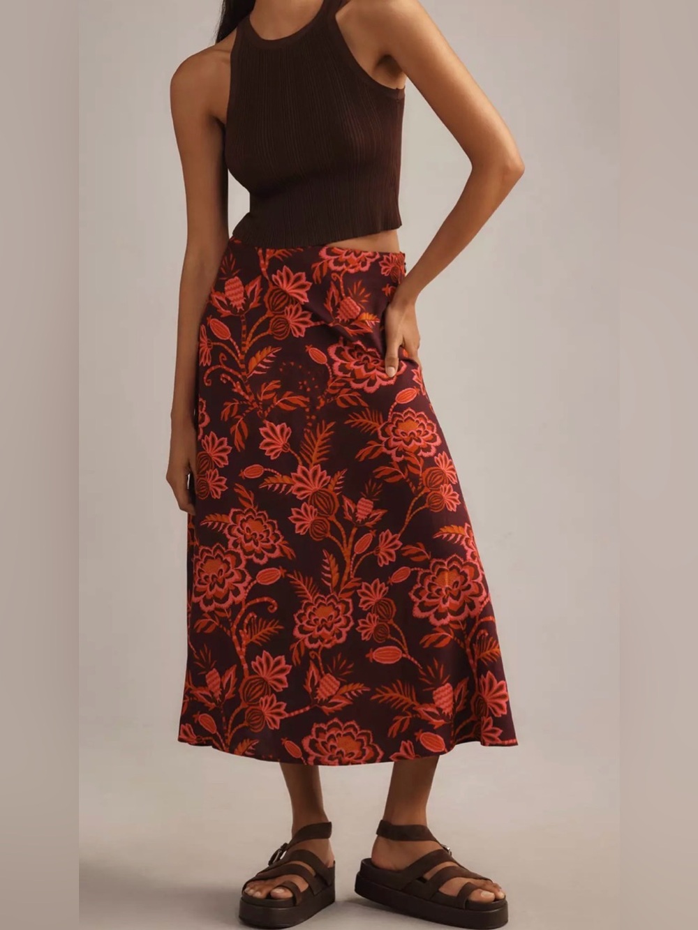 #584 Farm Rio x Anthropologie Satin Slip Midi Skirt Sz XS